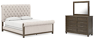 Hillcott California King Upholstered Bed with Mirrored Dresser, Dark Brown, large