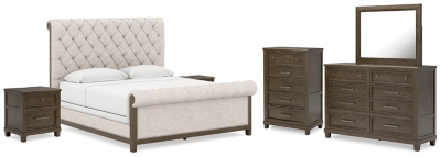 Hillcott King Upholstered Bed with Mirrored Dresser, Chest and 2 Nightstands, Dark Brown, large