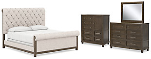 Hillcott King Upholstered Bed with Mirrored Dresser and Chest, Dark Brown, large