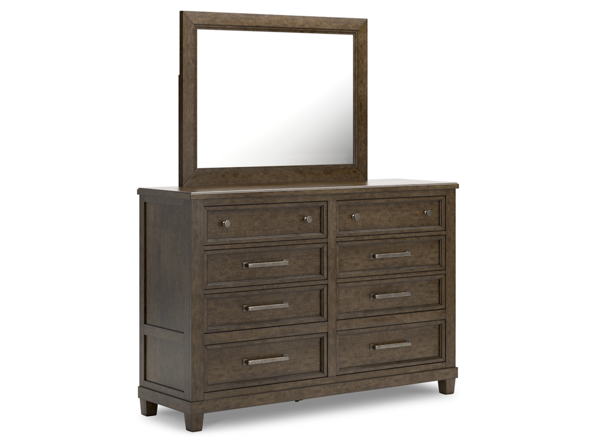 Hillcott Queen Upholstered Bed with Mirrored Dresser, Chest