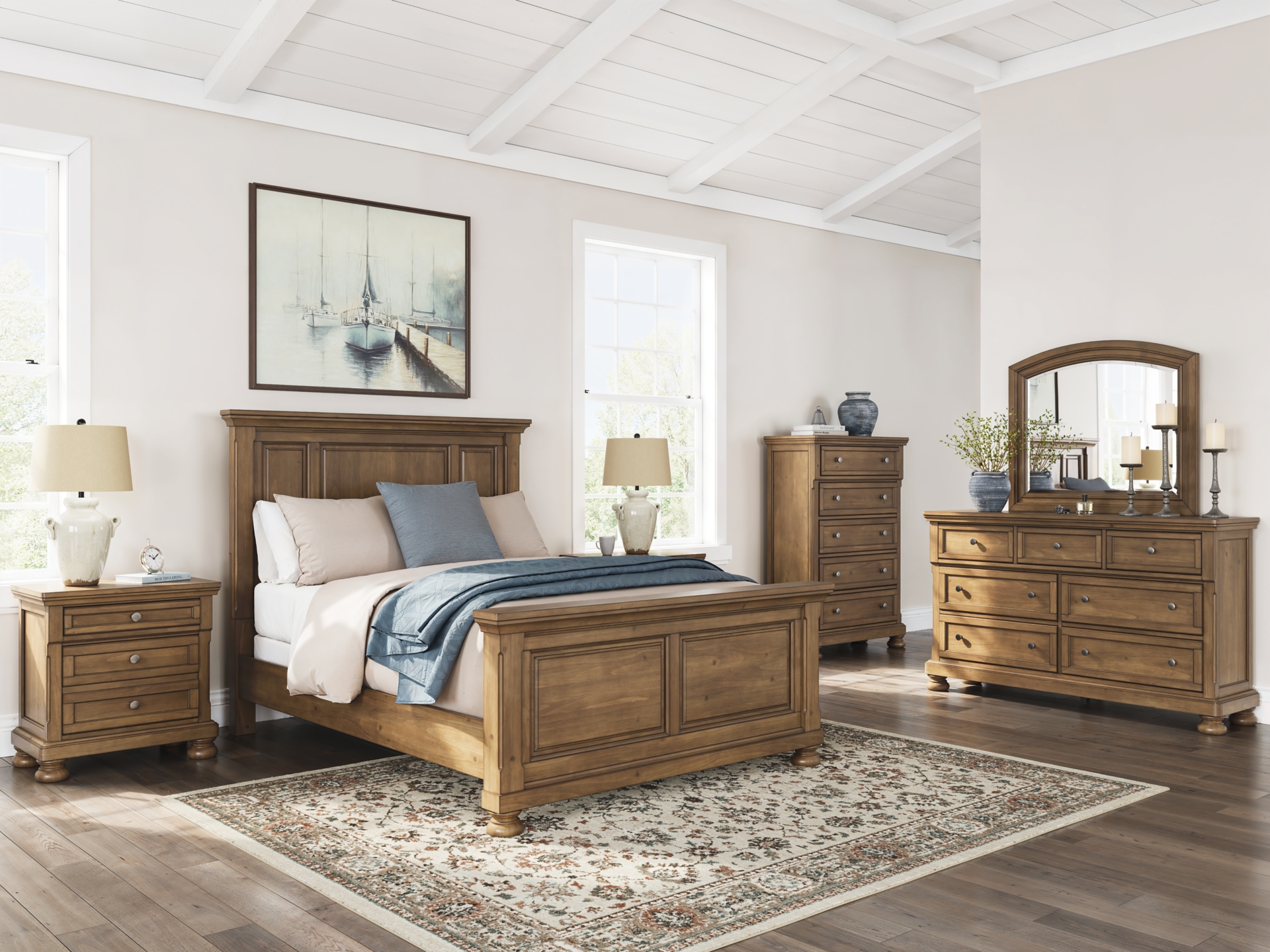 Vandenmore Queen Panel Bed with Mirrored Dresser, Chest and 2 Nightstands