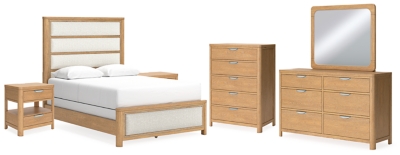 Rencott Queen Upholstered Bed with Mirrored Dresser, Chest and 2 Nightstands, Light Brown