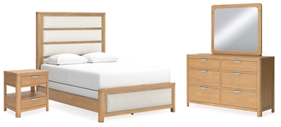 Rencott Queen Upholstered Bed with Mirrored Dresser and Nightstand, Light Brown, large