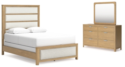 Rencott Queen Upholstered Bed with Mirrored Dresser, Light Brown, large