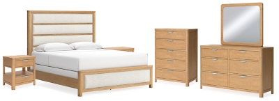 Rencott King Upholstered Bed with Mirrored Dresser, Chest and 2 ...