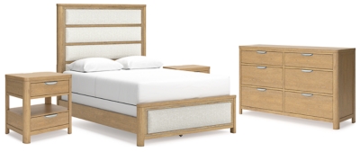 Rencott Queen Upholstered Bed with Dresser and 2 Nightstands, Light Brown