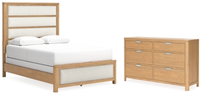 Rencott Queen Upholstered Bed with Dresser, Light Brown