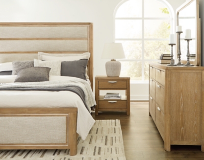 Rencott King Upholstered Bed with Mirrored Dresser and Nightstand, Light Brown