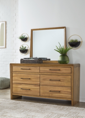 Takston 6 Drawer Dresser and Mirror, Light Brown