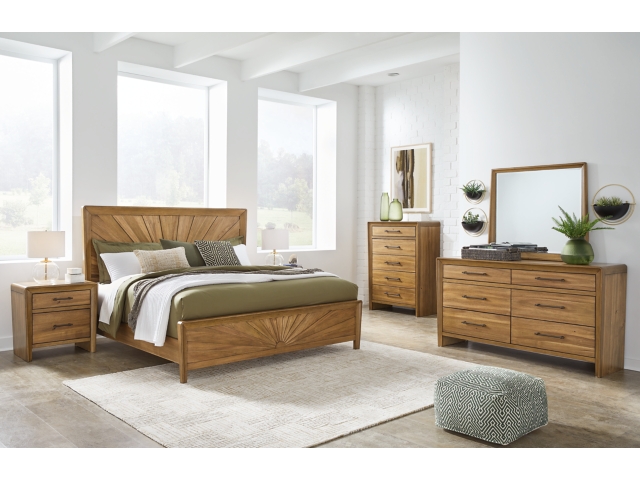 princess polly baby blue dress Ashley Takston Queen Panel Bed with Mirrored Dresser and Nightstand, Light Brown