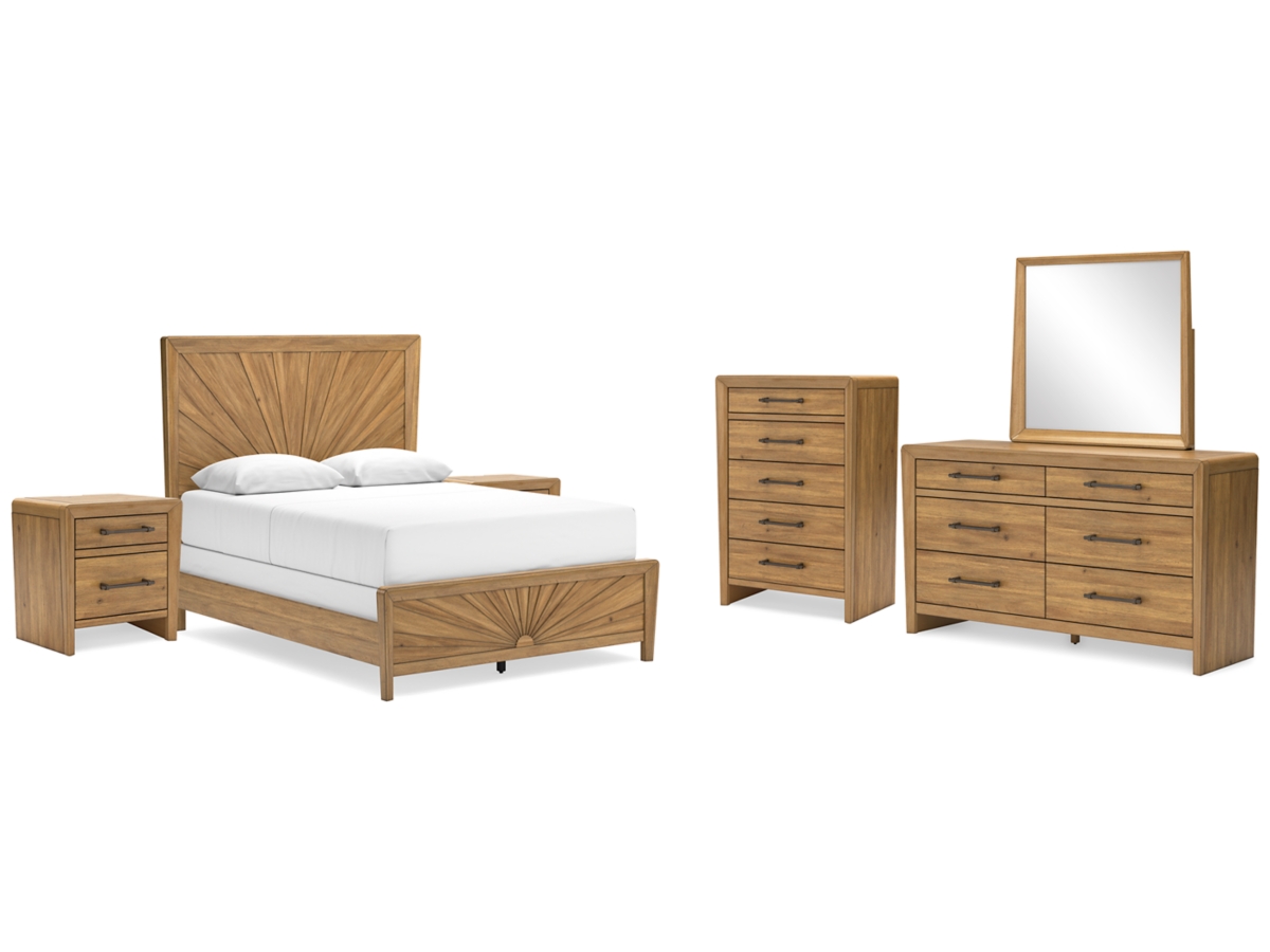 Takston Queen Panel Bed with Mirrored Dresser, Chest and 2