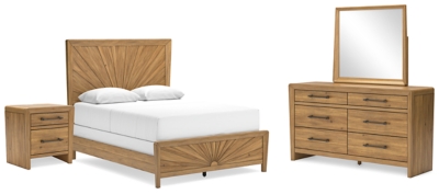 Takston Queen Panel Bed with Mirrored Dresser and Nightstand, Light Brown, large