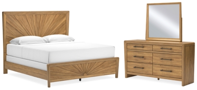 Takston King Panel Bed with Mirrored Dresser, Light Brown, large