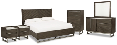 Cama tamaño King, tocador, espejo, cómoda y 2 mesitas de noche Arkenton