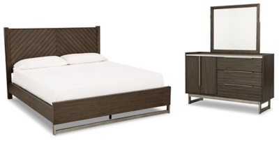 Arkenton Queen Panel Bed with Mirrored Dresser, Grayish Brown, large