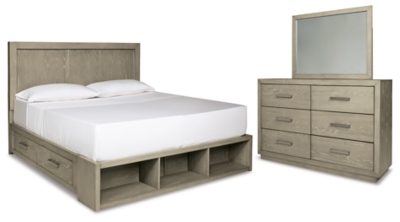 Fawnburg Queen Panel Bed with Storage with Mirrored Dresser | Ashley
