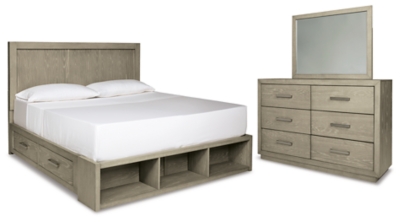 Fawnburg California King Panel Bed with Storage with Mirrored Dresser