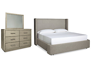 Fawnburg California King Upholstered Storage Bed with Mirrored Dresser, Gray, large