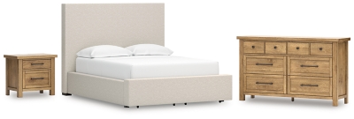 Kristiland Queen Upholstered Storage Bed with Dresser and Nightstand, Light Brown, large
