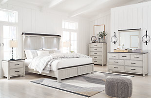 Darborn California King Panel Bed with Mirrored Dresser, Chest and 2 Nightstands, Gray/Brown, rollover