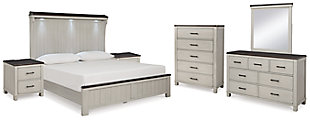 Darborn King Panel Bed with Mirrored Dresser, Chest and 2 Nightstands, Gray/Brown, large