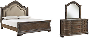 Charmond King Upholstered Sleigh Bed with Mirrored Dresser, Brown, large
