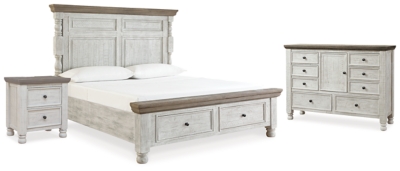 Havalance California King Poster Bed with Dresser and Nightstand, White/Gray