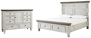 Havalance Queen Poster Bed with 2 Storage Drawers with Dresser, White/Gray, rollover
