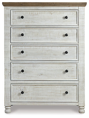What a fresh interpretation of country classic style. Inspired by American farmhouse craftsmanship, but with an elevated sensibility, the Havalance chest of drawers blends distinctive details such as turned post accents and raised drawer fronts for substantial look that feels right at home. Those who appreciate rustic character should take note of this chest’s thick profile crown moulding, beautified with a vintage two-tone finish.Made of pine wood, pine veneer and engineered wood | Two-tone finish; distressed weathered gray top with distressed vintage white base | Antiqued iron-tone hardware | 5 smooth-gliding drawers with dovetail construction | Top drawer with felt lining | Small Space Solution | Includes tipover restraint device | Estimated Assembly Time: 15 Minutes