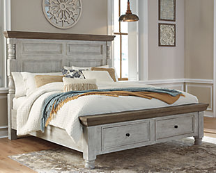 What a fresh interpretation of country classic style. Inspired by American farmhouse craftsmanship, but with an elevated sensibility, the Havalance queen poster bed with storage blends distinctive details such as turned post accents, raised panels and a tall mansion-style headboard with great presence for a substantial look that feels right at home. Those who appreciate rustic character should take note of this bed’s thick profile crown mouldings, beautified with a vintage two-tone finish. Two handy storage drawers flawlessly integrate traditional style with modern convenience.Made of pine wood, pine veneer and engineered wood | Includes headboard/footboard panels, headboard/footboard posts and drawers, panel rails with roll slats | Two-tone finish; distressed weathered gray top with distressed vintage white base   | Antiqued iron-tone hardware | Footboard with 2 storage drawers | Bed does not require a foundation/box spring | Mattress available, sold separately | Assembly required | Small Space Solution | Estimated Assembly Time: 130 Minutes