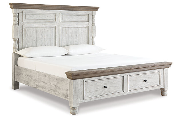 What a fresh interpretation of country classic style. Inspired by American farmhouse craftsmanship, but with an elevated sensibility, the Havalance queen poster bed with storage blends distinctive details such as turned post accents, raised panels and a tall mansion-style headboard with great presence for a substantial look that feels right at home. Those who appreciate rustic character should take note of this bed’s thick profile crown mouldings, beautified with a vintage two-tone finish. Two handy storage drawers flawlessly integrate traditional style with modern convenience.Made of pine wood, pine veneer and engineered wood | Includes headboard/footboard panels, headboard/footboard posts and drawers, panel rails with roll slats | Two-tone finish; distressed weathered gray top with distressed vintage white base   | Antiqued iron-tone hardware | Footboard with 2 storage drawers | Bed does not require a foundation/box spring | Mattress available, sold separately | Assembly required | Small Space Solution | Estimated Assembly Time: 130 Minutes