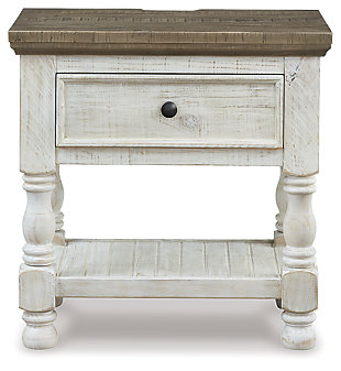 What a fresh interpretation of country classic style. Inspired by American farmhouse craftsmanship, but with an elevated sensibility, the Havalance nightstand blends distinctive details such as turned post accents and raised drawer fronts for a substantial look that feels right at home. Those who appreciate rustic character should take note of the nightstand’s thick crown moulding, beautified with a vintage two-tone finish. Built-in USB charging ports/electrical plug-ins are right in tune with your high-tech needs.Made of pine wood, pine veneer and engineered wood | Two-tone finish; distressed weathered gray top with distressed vintage white base | Antiqued iron-tone hardware | Smooth-gliding drawer with dovetail construction | AC power supply with dual USB charging ports | Power cord included; UL Listed | Assembly required | Small Space Solution | Estimated Assembly Time: 15 Minutes