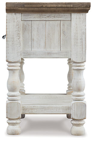What a fresh interpretation of country classic style. Inspired by American farmhouse craftsmanship, but with an elevated sensibility, the Havalance nightstand blends distinctive details such as turned post accents and raised drawer fronts for a substantial look that feels right at home. Those who appreciate rustic character should take note of the nightstand’s thick crown moulding, beautified with a vintage two-tone finish. Built-in USB charging ports/electrical plug-ins are right in tune with your high-tech needs.Made of pine wood, pine veneer and engineered wood | Two-tone finish; distressed weathered gray top with distressed vintage white base | Antiqued iron-tone hardware | Smooth-gliding drawer with dovetail construction | AC power supply with dual USB charging ports | Power cord included; UL Listed | Assembly required | Small Space Solution | Estimated Assembly Time: 15 Minutes