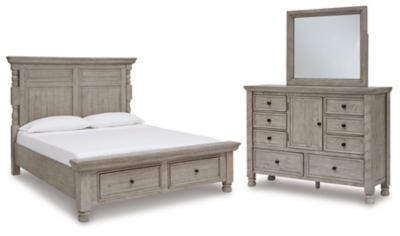 Harrastone Queen Panel Bed with Mirrored Dresser, Gray