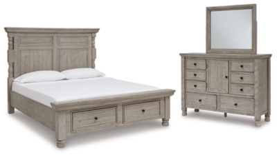 Harrastone King Panel Bed with Mirrored Dresser, Gray, large