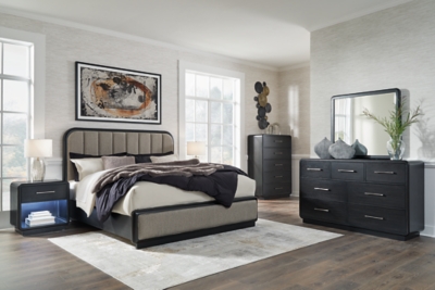 Rowanbeck King Upholstered Panel Bed, Gray/Black, large