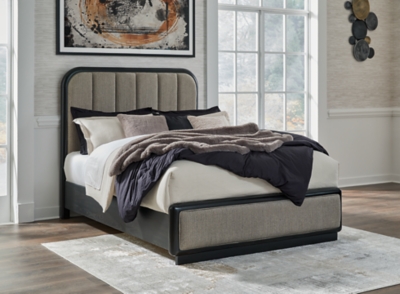 Rowanbeck Queen Upholstered Panel Bed, Gray/Black