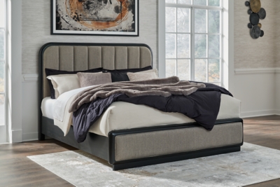 Rowanbeck King Upholstered Panel Bed, Gray/Black