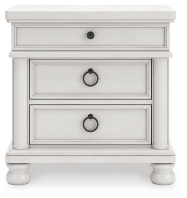 Back view of white wooden nightstand showing a large panel, legs