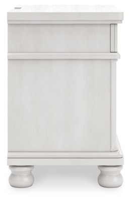 Front view of white wooden nightstand with two large drawers and a top drawer