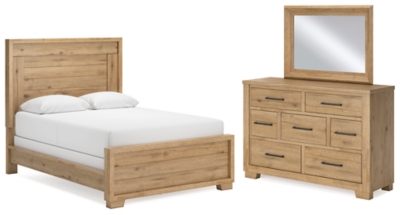 Galliden Queen Panel Bed with Mirrored Dresser, Light Brown