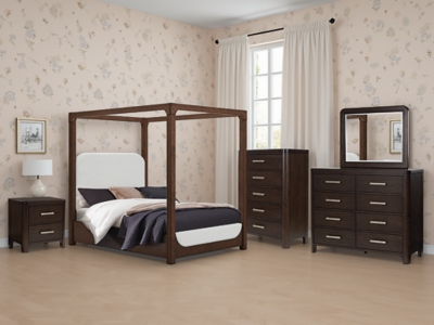 Breckington Queen Upholstered Canopy Bed, Dark Brown, rollover