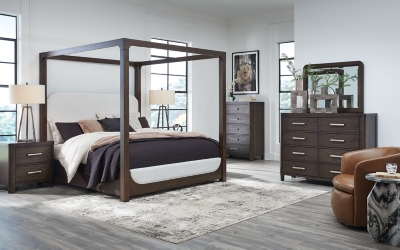 Breckington King Upholstered Canopy Bed, Dark Brown, large