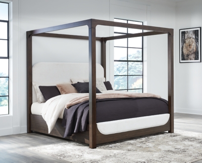 Breckington Queen Upholstered Canopy Bed, Dark Brown, rollover