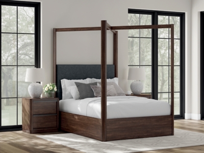 Kendamor Queen Canopy Bed, Dark Brown, rollover