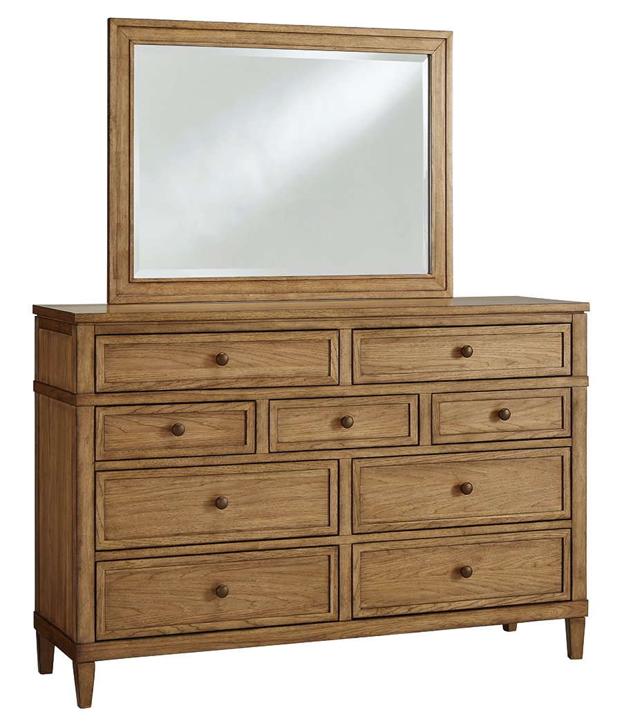 Cama tapizada Sharlance Queen con cabecera, cómoda y espejo - image 1
