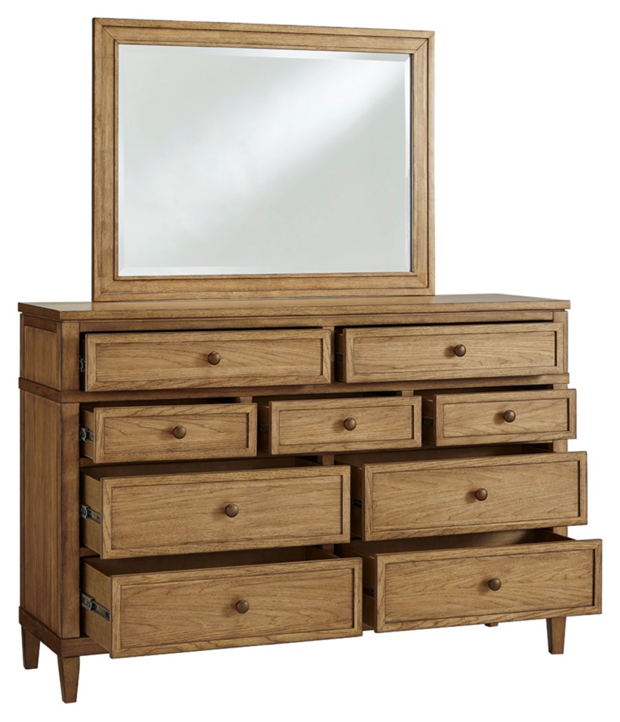 Cama tapizada Sharlance Queen con cabecera, cómoda y espejo - image 2