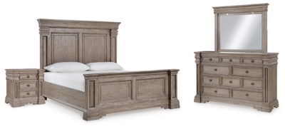 Blairhurst Queen Panel Bed with Mirrored Dresser and Nightstand, Light Grayish Brown