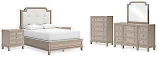 Jorlaina Queen Upholstered Panel Bed with Mirrored Dresser, Chest and 2 Nightstands, Light Grayish Brown, large
