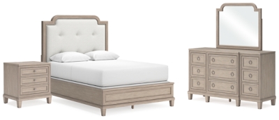 Jorlaina Queen Upholstered Panel Bed with Mirrored Dresser and Nightstand, Light Grayish Brown